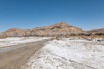 Salt deposits in a dry river bed. Alluvium（Gravel, sand, silt, and clay in poorly to moderately...