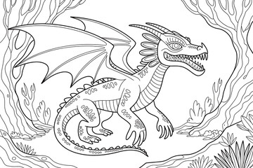 Dragon with wings, standing in a forest scene.
