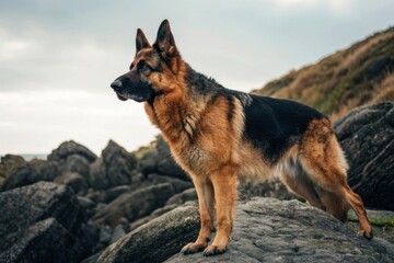 German shepherd in alert guarding pose outdoor setting high-resolution image natural environment front view intense focus on protection