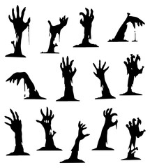 Shadows of the Undead: Spooky silhouettes of hands rise from the earth. This haunting design evokes the eerie atmosphere of a halloween.