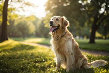 Joyful golden retriever sitting in park natural background happy expression tail wagging pet photography