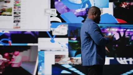 Young social media expert connecting on social network for trends on dashboard, showcasing user interface and digital web platforms. Power of technology, influence and internet presence. Camera A. - Powered by Adobe