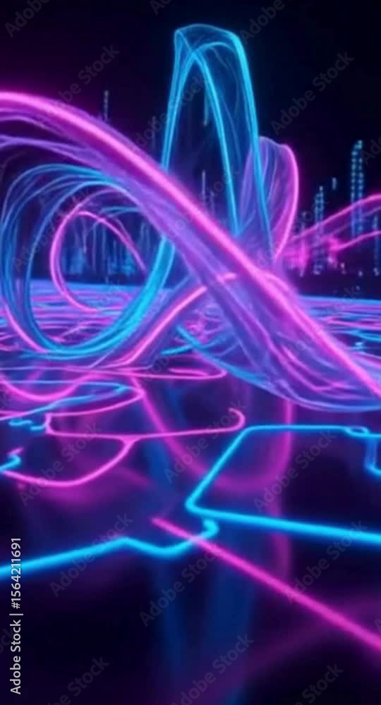 Poster abstract neon landscape with glowing lines and structures in cyberpunk style