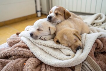 Cozy puppy pile of sleeping puppies snuggled together on a warm indoor blanket captured in a peaceful home environment from an adorable viewpoint