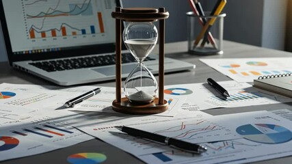 Hourglass with data charts in an office shows time management - Powered by Adobe