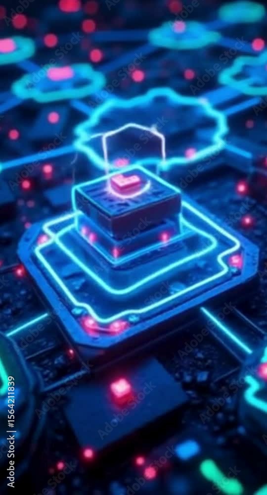 Poster abstract futuristic circuit board design with glowing neon lights and connection nodes