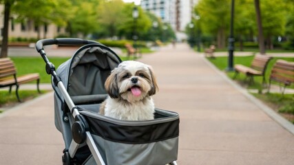 Proud shih tzu sitting in baby stroller urban park pet photography outdoor environment playful perspective