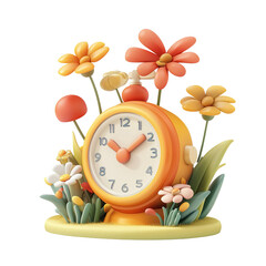 Clock surrounded by colorful flowers and whimsical plants isolated on transparent background.