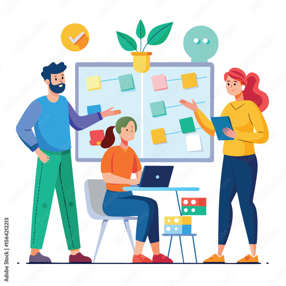 Poster collaborative team discussing project planning and strategy with colorful illustrations