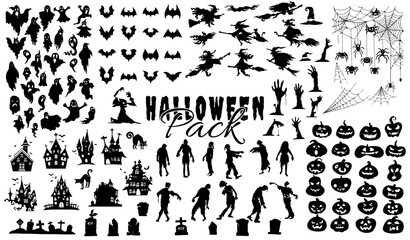 Halloween Silhouette Collection Pack: A comprehensive collection of spooky Halloween silhouettes. Explore iconic symbols: bats, pumpkins, haunted houses & more, ideal for Halloween merch or t-shirts