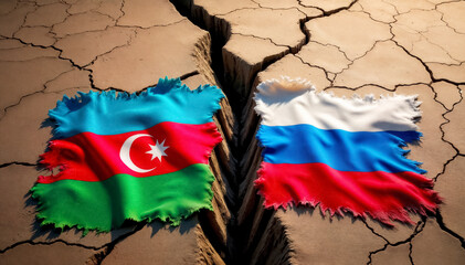 flags of azerbaijan and russia on cracked earth, concept of political conflict between countries