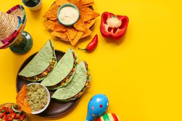 Traditional Mexican food on yellow background. Cinco de Mayo (Fifth of May) celebration