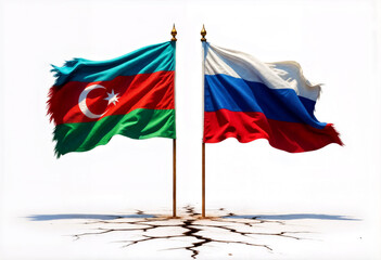 flags of azerbaijan and the russian federation on flagpoles flutter against a white background