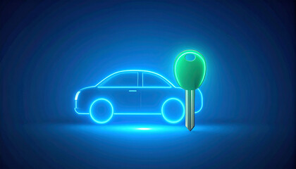 Fototapeta premium Glowing neon car silhouette with a green key, symbolizing car security, rental, or electric vehicle access.