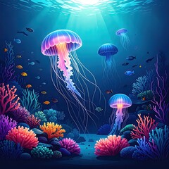 Jellyfish Floating in Underwater Coral Reef Scene