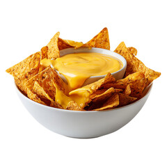 Crispy nachos with melted cheese dip in a white bowl on transparent background
