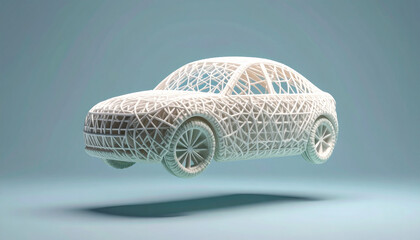 Abstract white car model made of 3D-printed filament. Futuristic transportation sculpture with wireframe aesthetic and clean studio lighting.