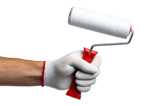 A painter's hand in a glove holds a paint roller against a transparent background, ready for renovation or construction projects, silhouette