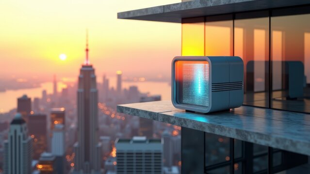 Smart city sensor node on skyscraper at sunset