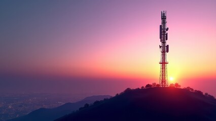 Obraz premium Wireless communication tower on mountain at sunset