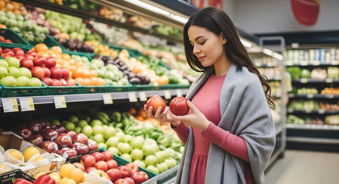 A woman shops for fruit in a grocery store, holding and examining two red apples in a produce aisle filled with colorful fruits & vegetables. - Powered by Adobe