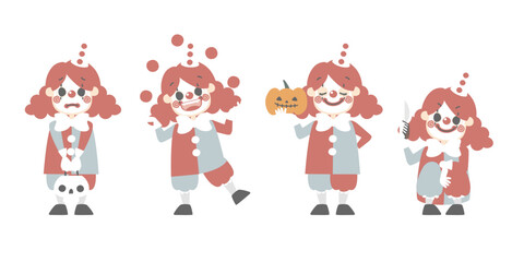 happy halloween holiday festival with character set of boys wearing bozo clown costume, flat vector illustration cartoon character design