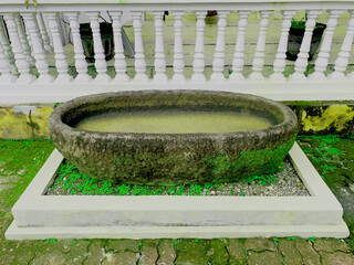 Ancient Oval Stone Basin with Water on Mossy Ground