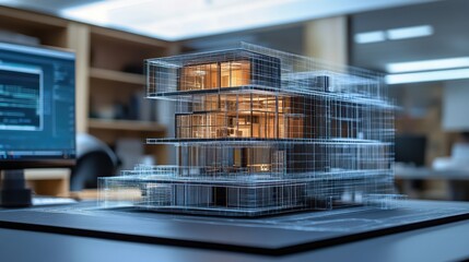 detailed architectural wireframe rendering of a modern building design showcasing meticulous planning and advanced visualization techniques in an engineering office environment