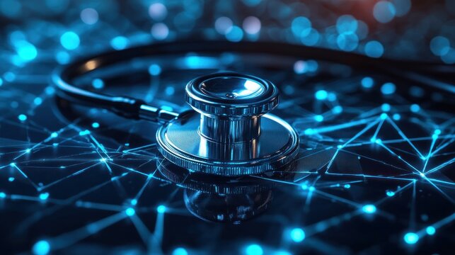 a futuristic conceptual illustration featuring a stethoscope poised on a web of glowing blue digital lines showcasing health tech and medical advancements for a modern era - Powered by Adobe