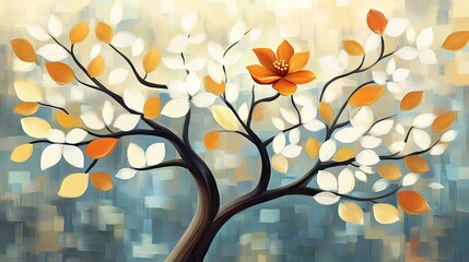 Abstract painting of a stylized tree with orange and white leaves.