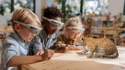 Future of Learning: Young children experience immersive, interactive lessons and the wonders of virtual reality, exploring a digital leopard with curiosity and wonder.