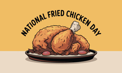 crispy chicken on a plate with red garnishes, set against bold yellow background and celebration typography.