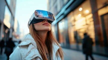 Obraz premium Augmented reality in the City: A young woman explores the digital world through virtual reality goggles, experiencing an immersive digital environment against the urban backdrop.