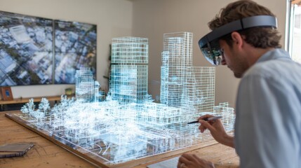 Architectural Innovation: A focused architect, immersed in a futuristic augmented reality experience, meticulously crafts and examines a holographic cityscape.