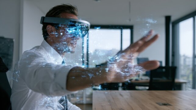 Businessman Exploring Virtual Reality: A focused businessman wearing a headset interacts with a holographic interface, immersed in a futuristic digital world.