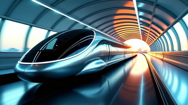 Hyperloop train speeding through futuristic tunnel