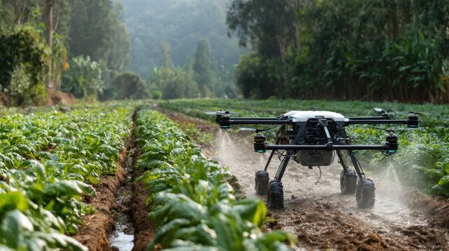 Agriculture Drone Precision: An unmanned aerial vehicle (UAV) drone adeptly navigates a vibrant crop field, employing advanced technology to meticulously tend to the cultivated plants.