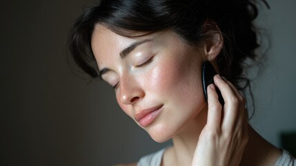 Fototapeta premium Inner Calm: A person with a serene expression delicately massages their face with a gua sha tool, creating a tranquil atmosphere, which radiates a sense of self-care and well-being.