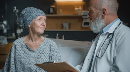 Healthcare Harmony: A moment of empathy and support between a compassionate doctor and a patient undergoing medical treatment, creating a scene of hope and resilience.