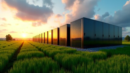 Obraz premium Data center in green field at sunset