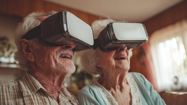 Digital Exploration: An elderly couple sharing an immersive virtual reality experience, gazing into the future with excitement and wonder. 