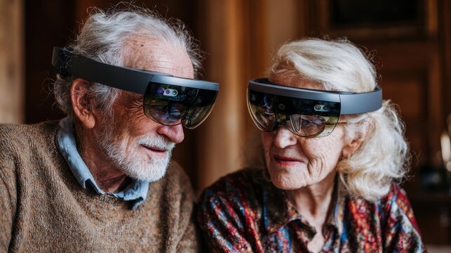Senior Couple Embraces Future: An elderly couple with smile, explore augmented reality together wearing sleek VR headsets, their faces glowing with curiosity and shared delight. - Powered by Adobe