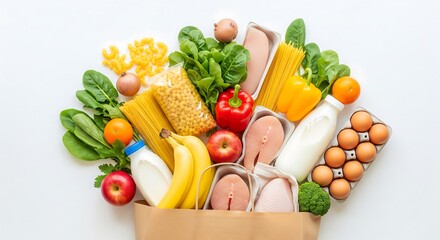 A brown paper bag filled with various fresh food items: pasta, spinach, fruit, salmon, eggs, milk, vegetables, and meat. Overhead shot on a white background.