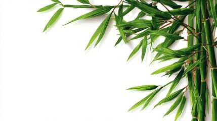 Fototapeta premium Lush green bamboo stalks and leaves arranged on a white background, creating a vibrant natural border