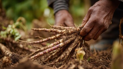 Harvesting the Earth's Bounty: A close-up shot captures a pair of weathered hands tenderly gathering fresh parsnip roots from the rich earth.