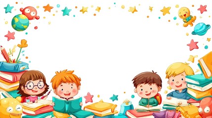 Happy kids reading books, celestial theme for website header, back to school education frame