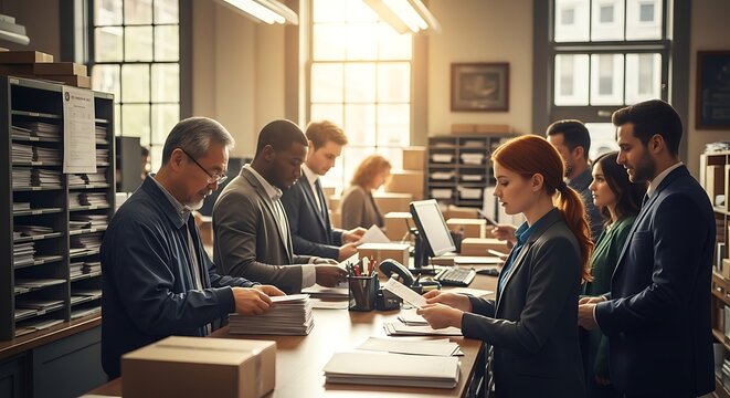 People standing at the post office counter with different tasks. 