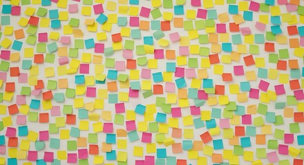A vibrant, colorful collage of sticky notes filling a wall. 