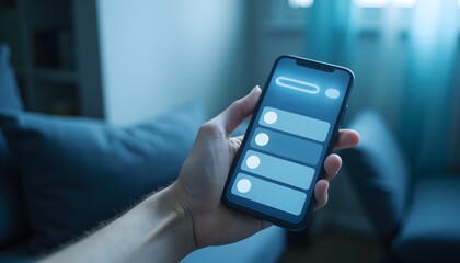 Obraz premium Smartphone with Blank User Interface in Hand Against Soft Blue Sofa and Natural Light Background