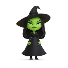 A 3D isolated cartoon character of a Halloween witch with a green face on a white background